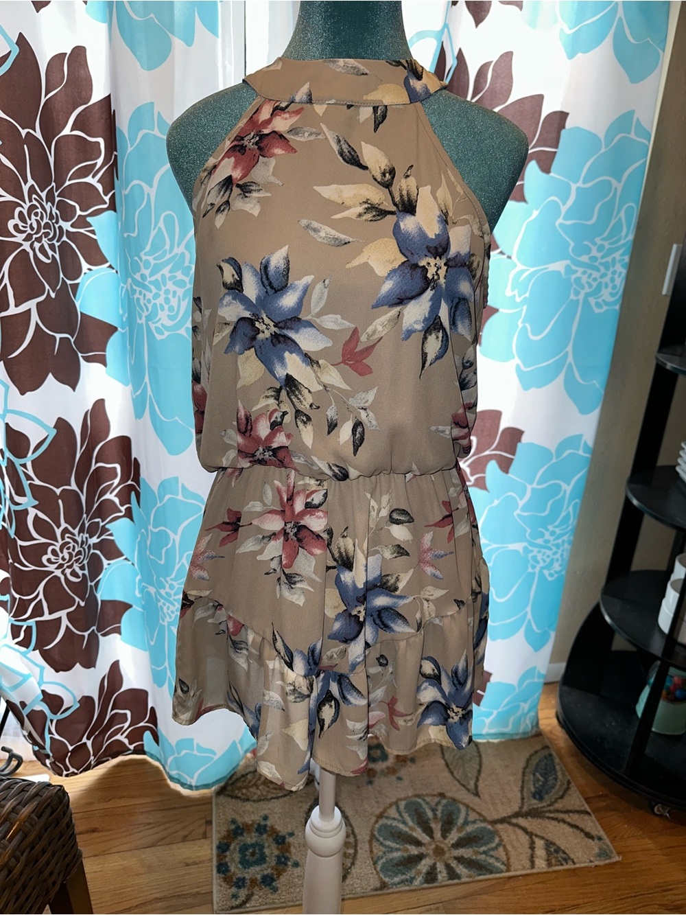 Taupe Floral Halter Tiered Mini Romper